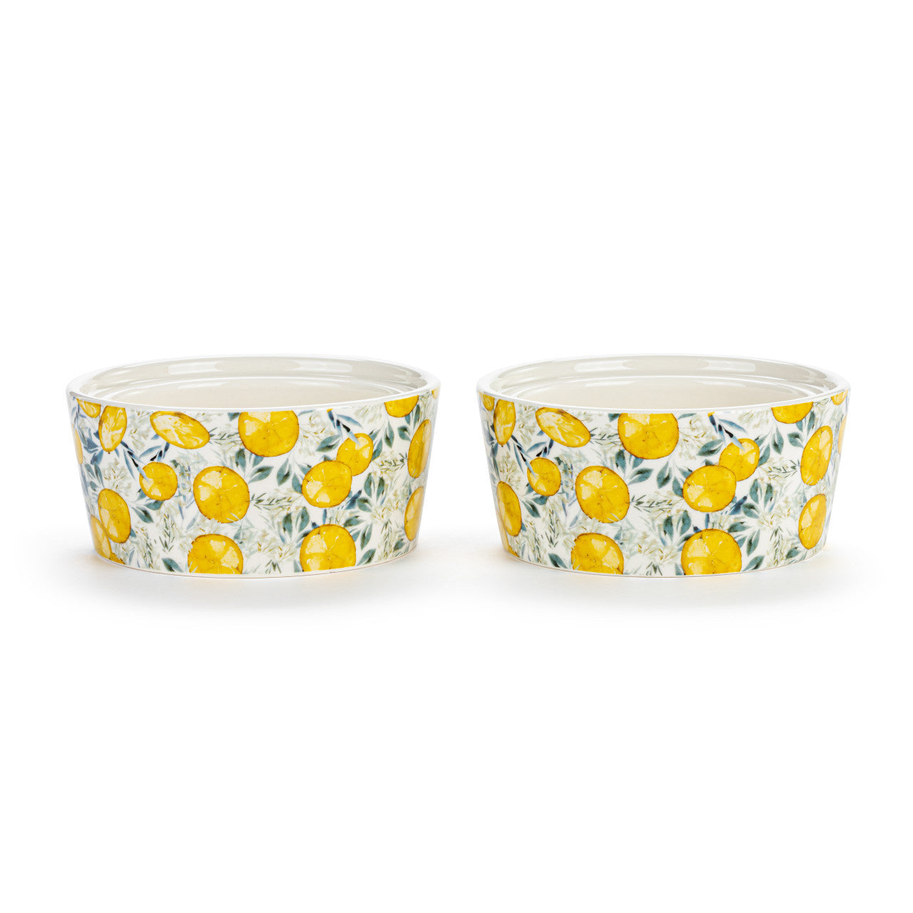 Demdaco Lemons Ramekins set of 2, 4.5″ dia. × 2″ stoneware bowls with cheerful lemon pattern—Available at Be Charmed.