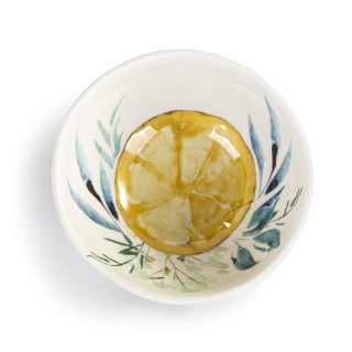 Overhead view of Demdaco Lemons Melamine Dip Bowl, 4.5″ round melamine bowl featuring lemon pattern with bamboo base—Available at Be Charmed.