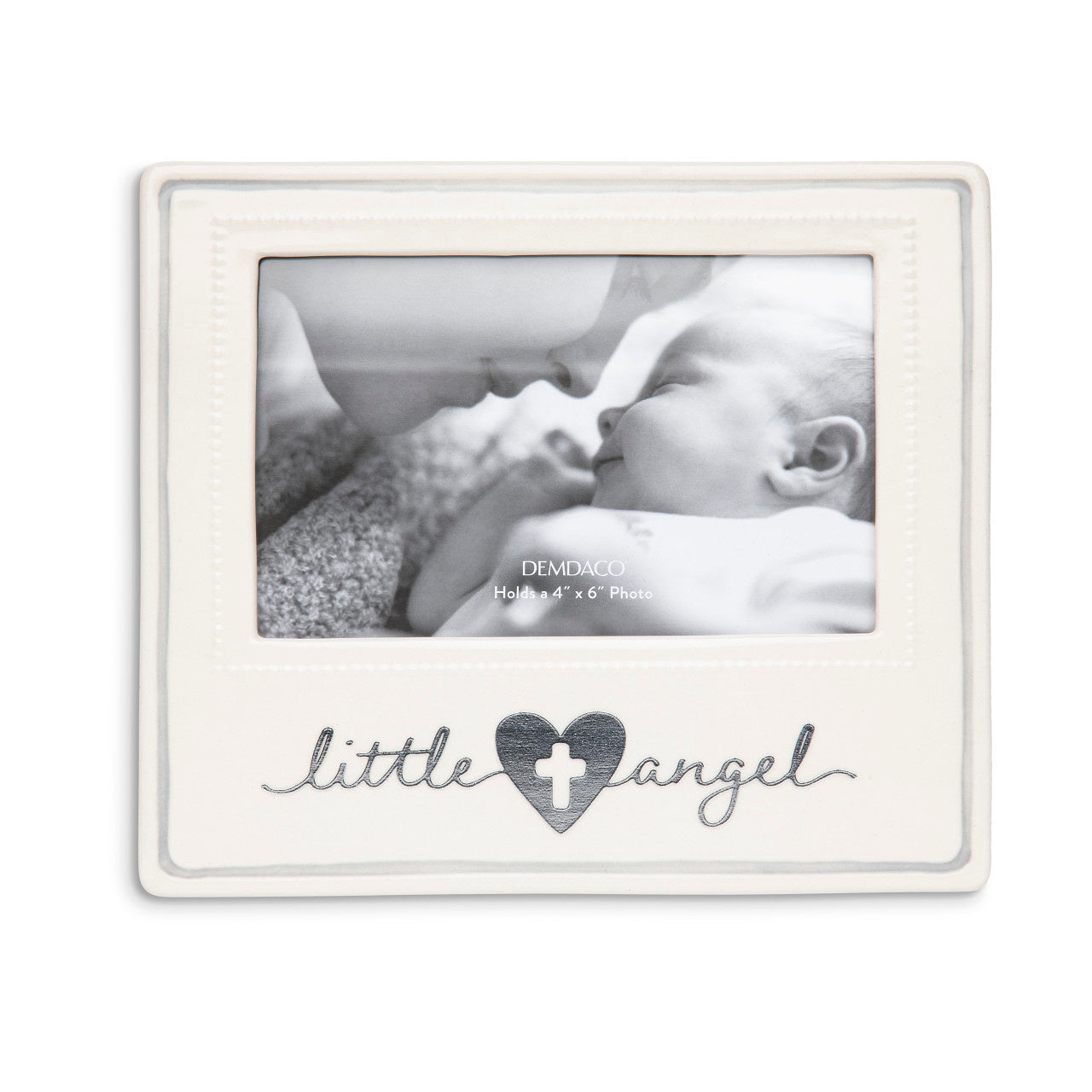  Demdaco Little Angel Neutral ceramic frame (8″×7.5″) with “little angel” embossed sentiment and cross-heart design around 4×6 photo opening—available at Be Charmed.