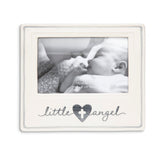  Demdaco Little Angel Neutral ceramic frame (8″×7.5″) with “little angel” embossed sentiment and cross-heart design around 4×6 photo opening—available at Be Charmed.