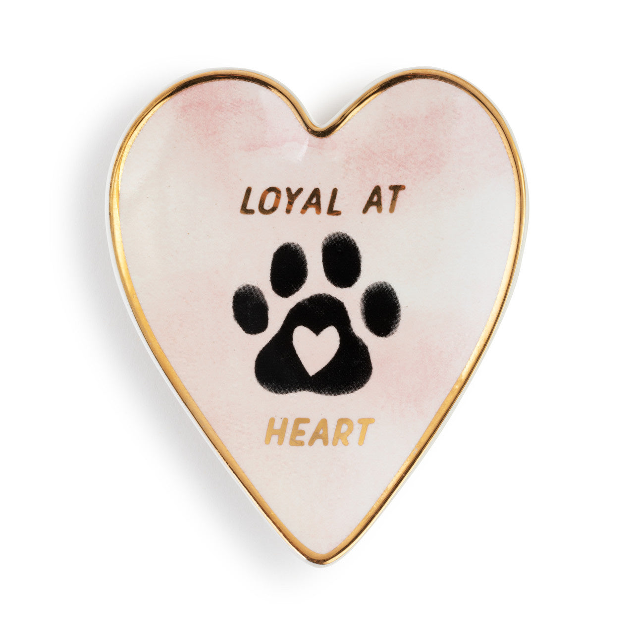 Demdaco ceramic trinket dish with “Loyal at Heart” message, heart-shaped with gold rim—ideal for keepsakes or gifts. Available at Be Charmed.