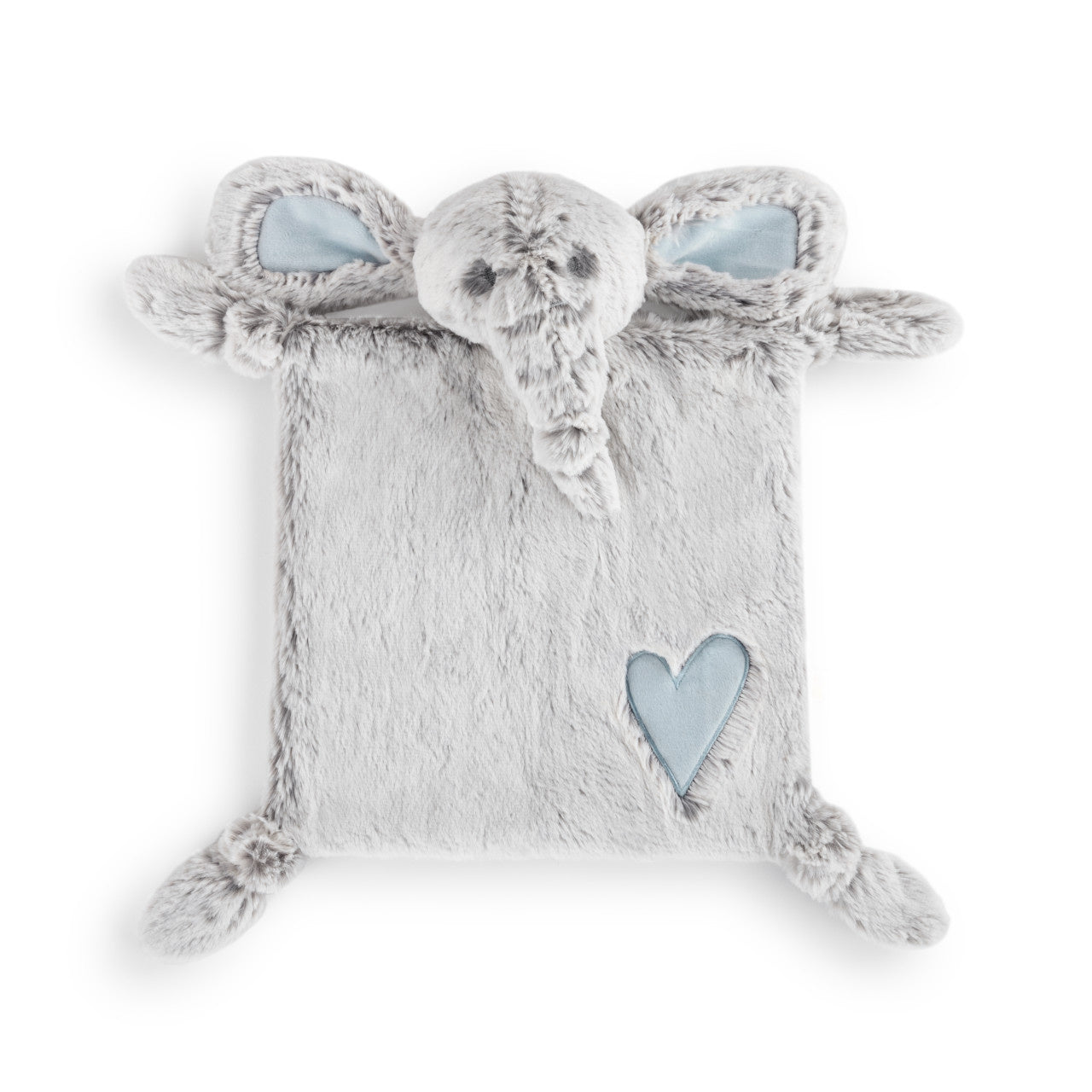 A plush elephant-shaped blanket with a blue heart design on the back, made of plastic and polyester, with a soft grey texture. Available at Be Charmed