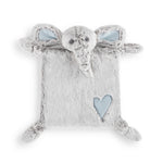 A plush elephant-shaped blanket with a blue heart design on the back, made of plastic and polyester, with a soft grey texture. Available at Be Charmed