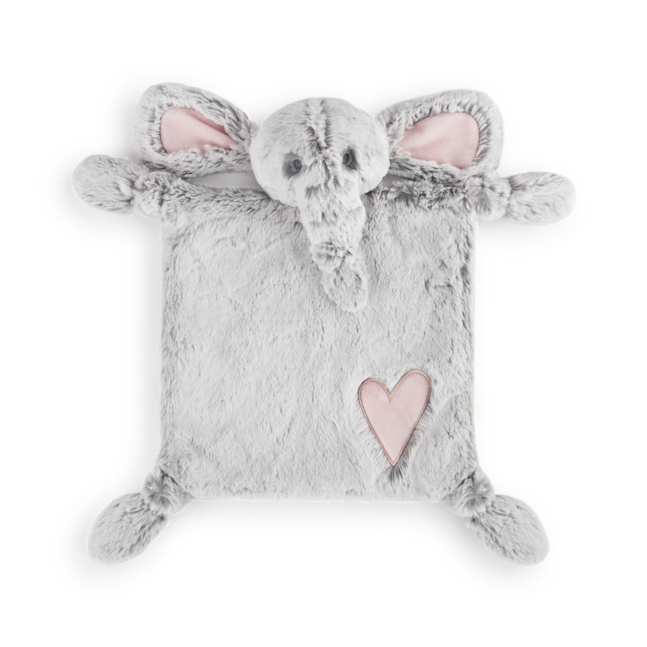 A plush pink elephant blankie with a grey trunk and pink inner ears, made of plastic and polyester, with a heart-shaped detail on the back. Available at Be Charmed