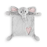 A plush pink elephant blankie with a grey trunk and pink inner ears, made of plastic and polyester, with a heart-shaped detail on the back. Available at Be Charmed