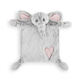 A plush pink elephant blankie with a grey trunk and pink inner ears, made of plastic and polyester, with a heart-shaped detail on the back. Available at Be Charmed