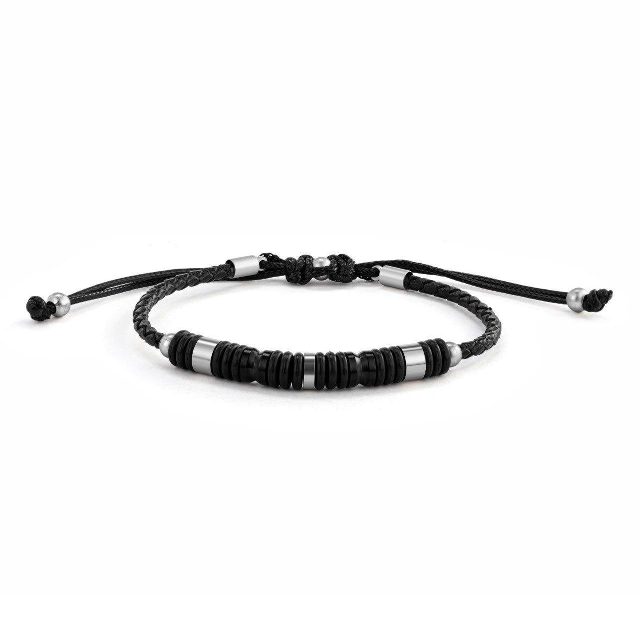 Demdaco Men's Leather Cord Bracelet – Black, 7″ adjustable multi‑strand leather with stainless steel, rubber & silver accents—Available at Be Charmed.