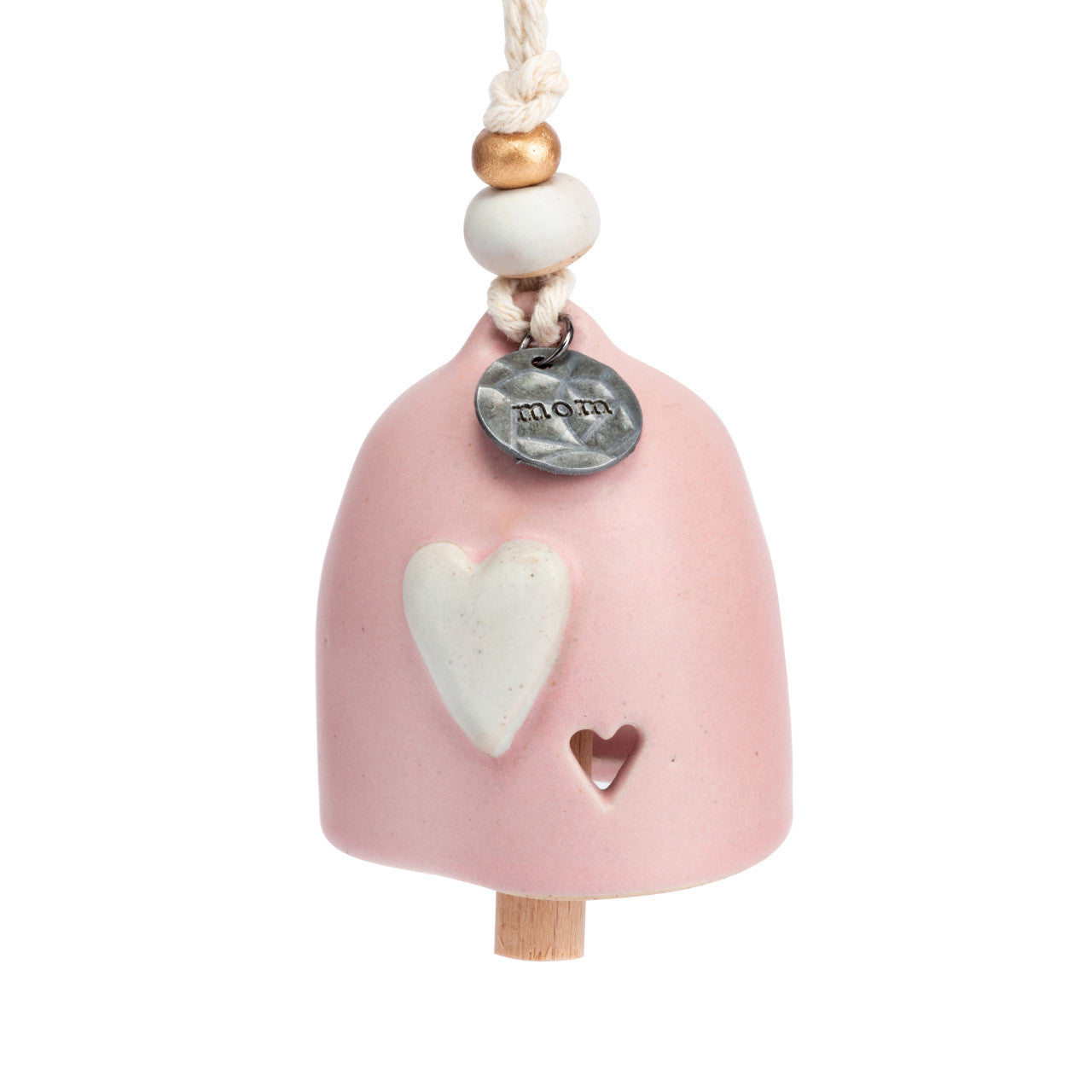 Ceramic Demdaco Mom Mini Inspired Bell (~2″×2.5″) with hanging cord and wood bead—uplifting decor with inspirational message. Available at Be Charmed.