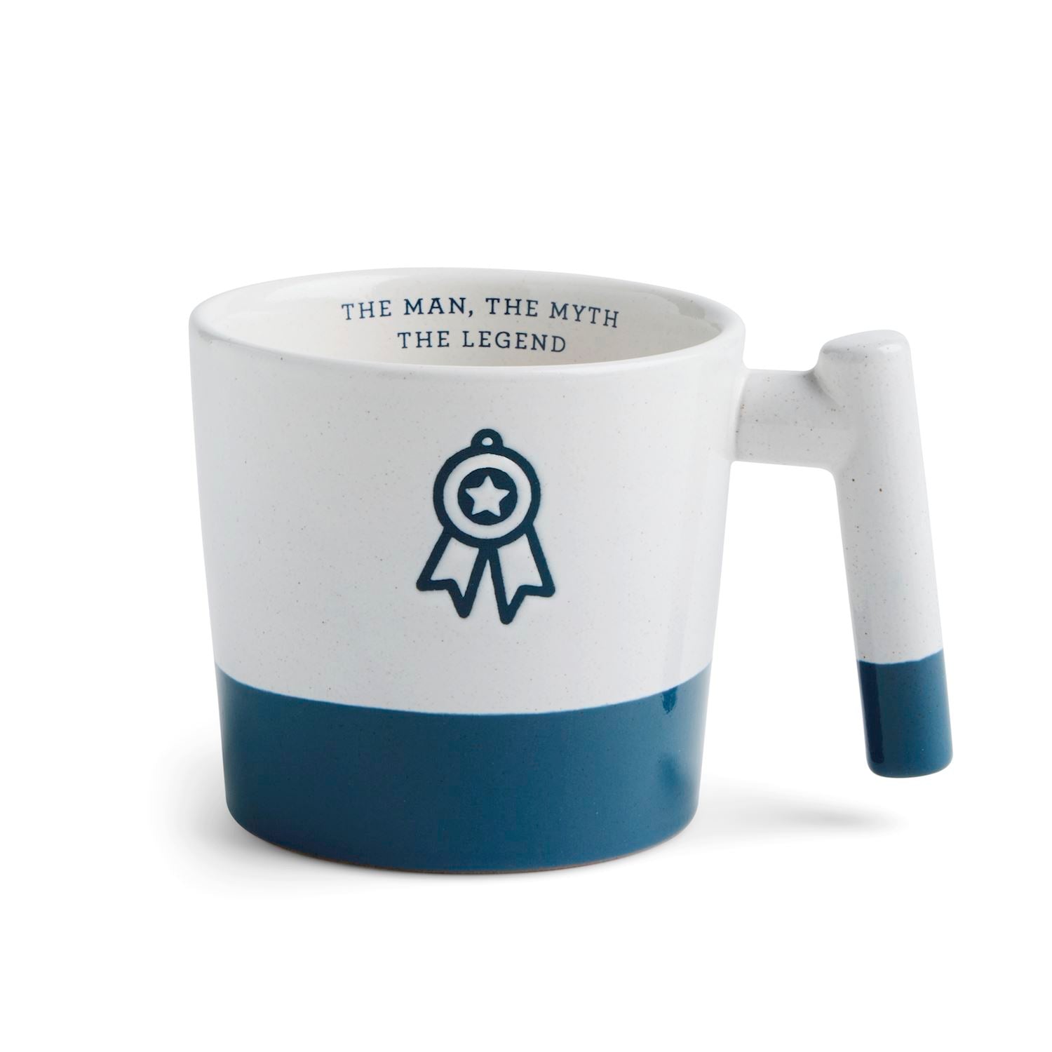 White mug with blue accent and text 'The Man, The Myth, The Legend' on a white background. Available at Be Charmed