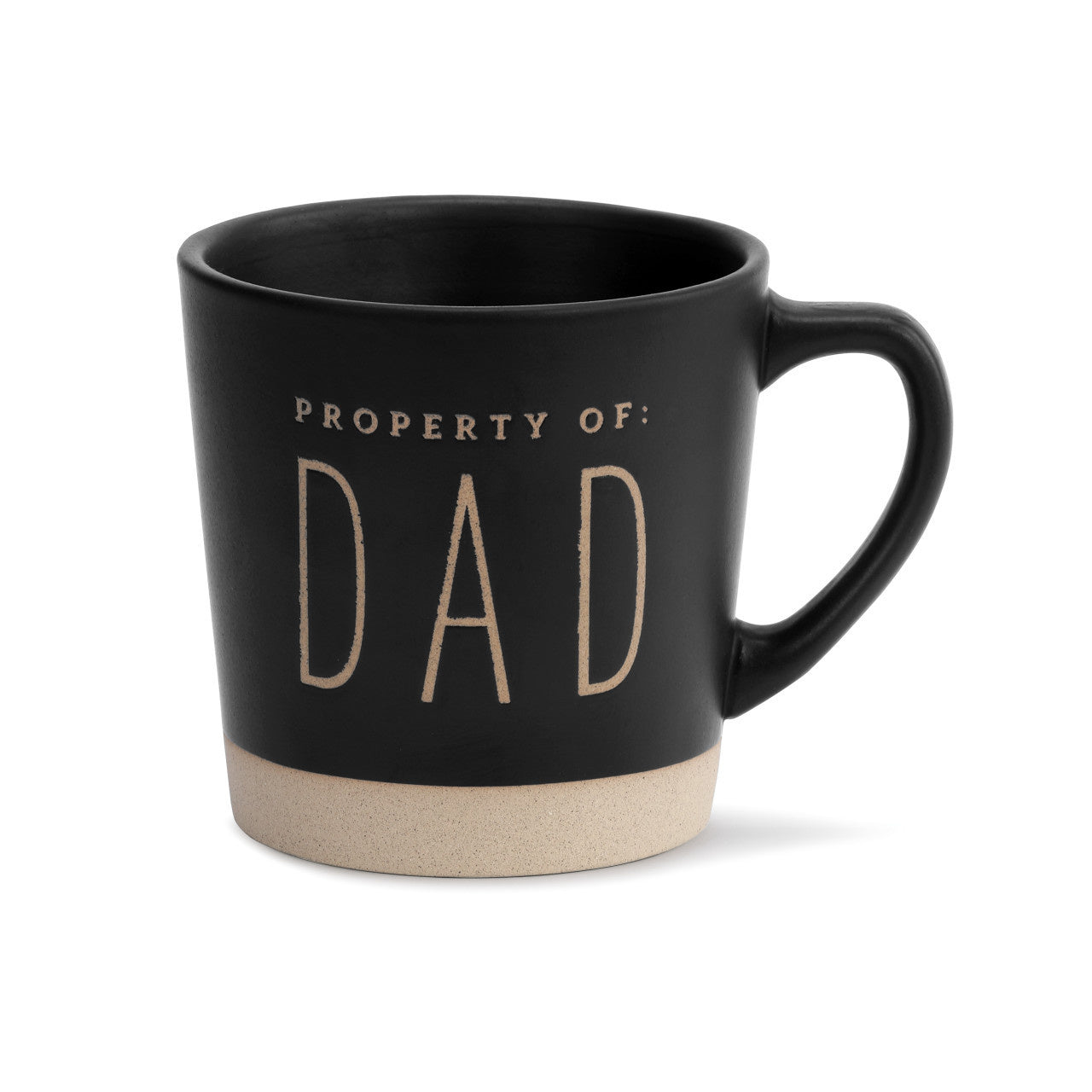 A black ceramic mug with the words 'PROPERTY OF: DAD' printed in capital letters on the side. The mug has a matte finish with a unglazed bottom. Available at Be Charmed