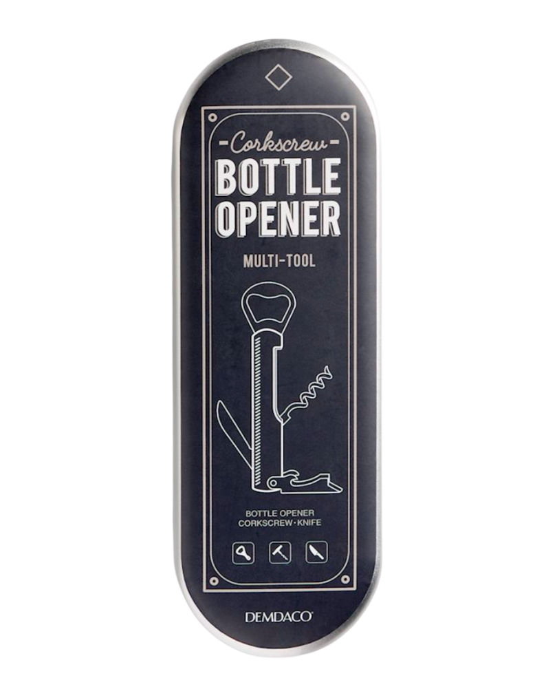 Bottle opener multi-tool with corkscrew and knife blade on a white background. Available at Be Charmed