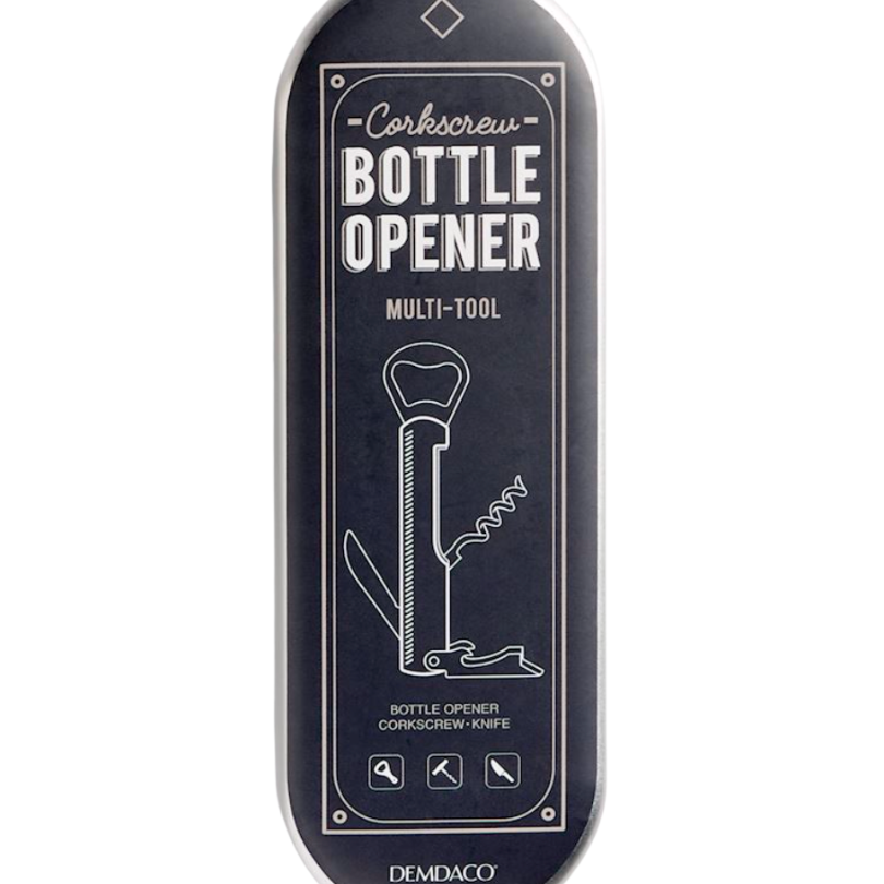 Bottle opener multi-tool with corkscrew and knife blade on a white background. Available at Be Charmed