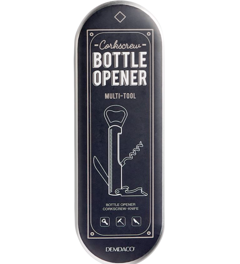 Bottle opener multi-tool with corkscrew and knife blade on a white background. Available at Be Charmed