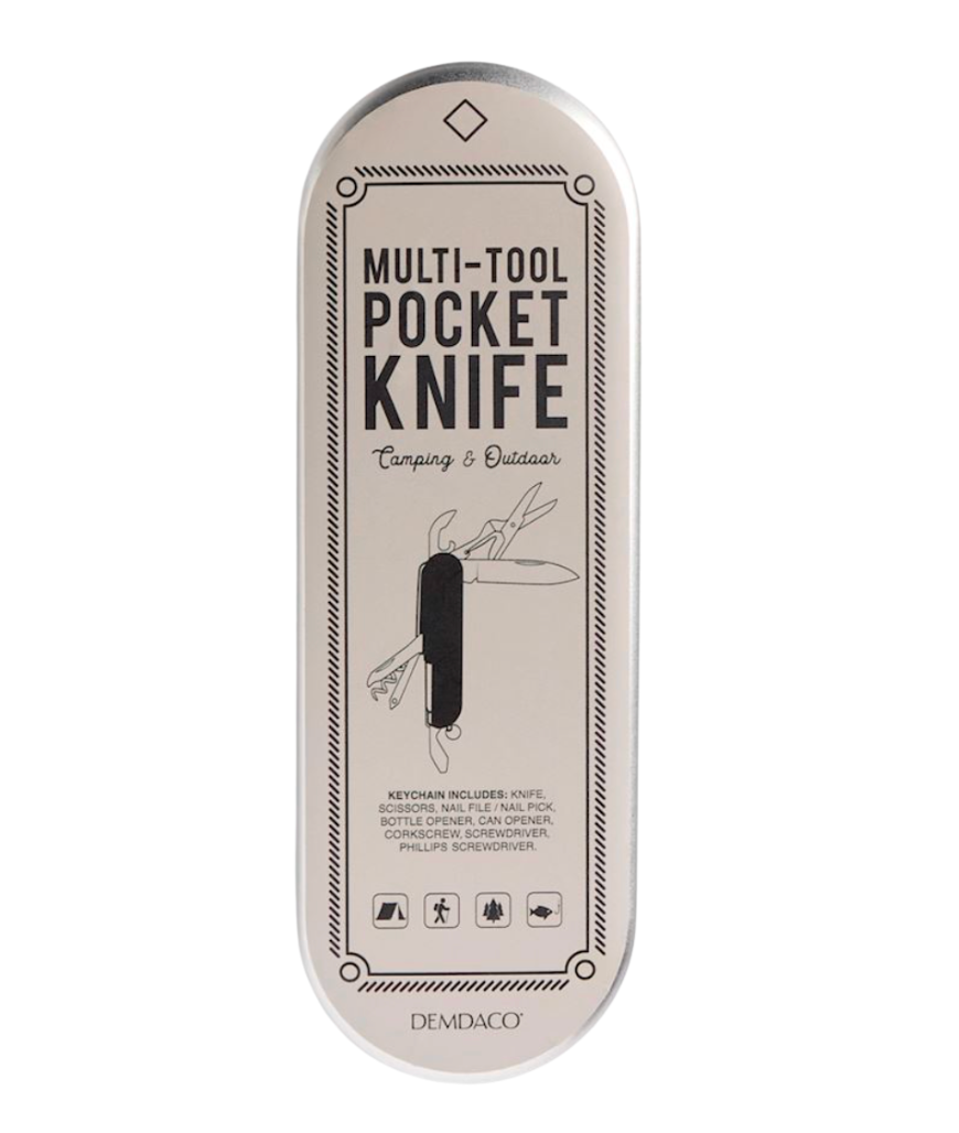 Multi-tool pocket knife packaging with branding on a white background. Available at Be Charmed