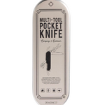 Multi-tool pocket knife packaging with branding on a white background. Available at Be Charmed