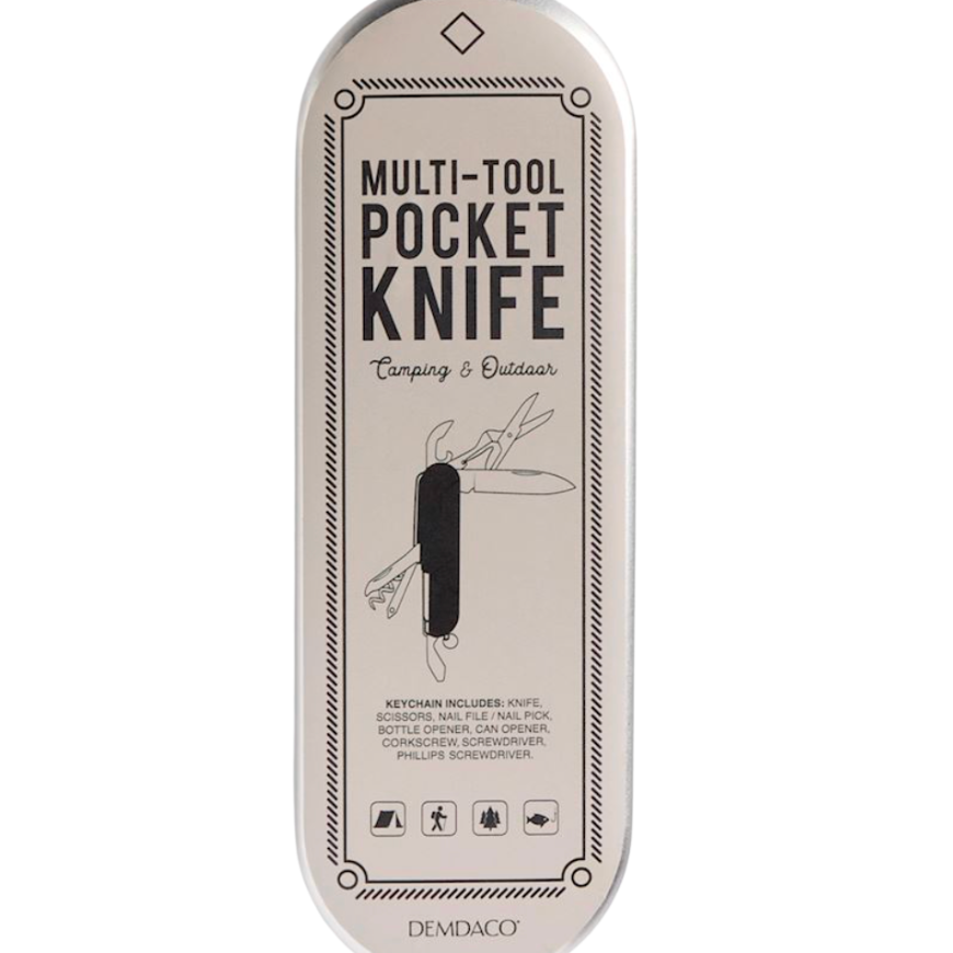 Multi-tool pocket knife packaging with branding on a white background. Available at Be Charmed