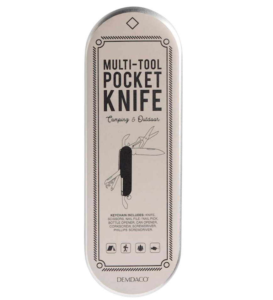 Multi-tool pocket knife packaging with branding on a white background. Available at Be Charmed