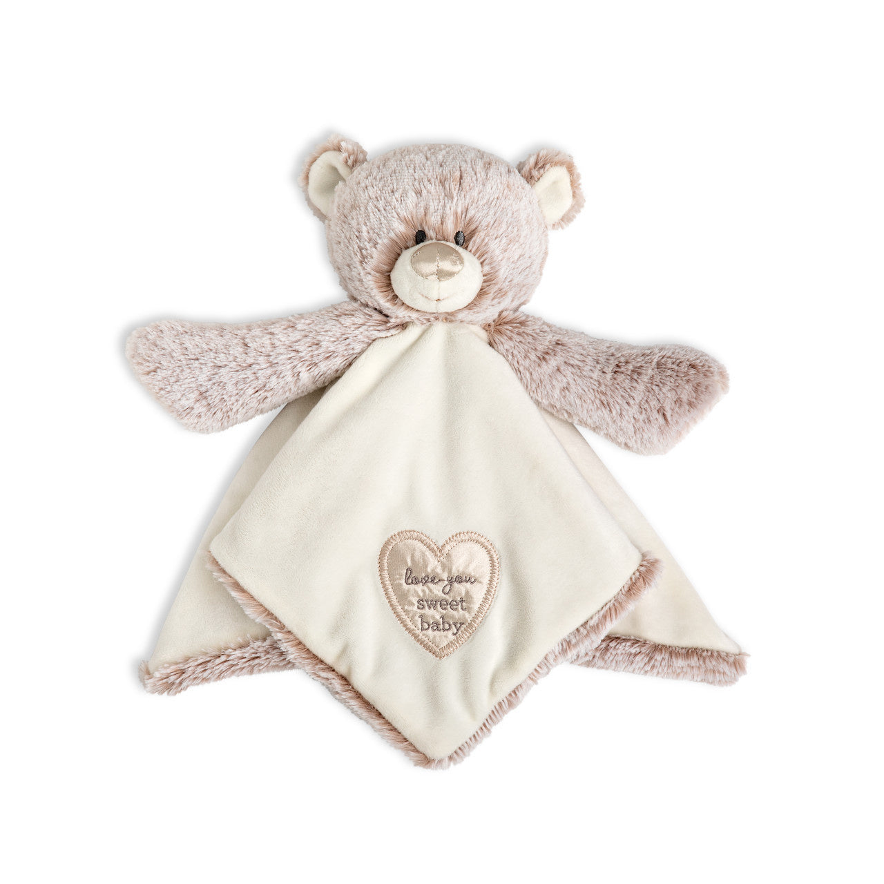 Demdaco Neutral Teddy Rattle Blankie, 14″x14″ plush security lovey with teddy head, built-in rattle, “Love you sweet baby” sentiment—Available at Be Charmed.