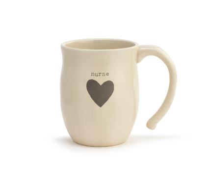 Demdaco Nurse heart-shaped 16 oz stoneware mug with raised heart motif and “Nurse” sentiment; microwave/dishwasher safe—available at Be Charmed.