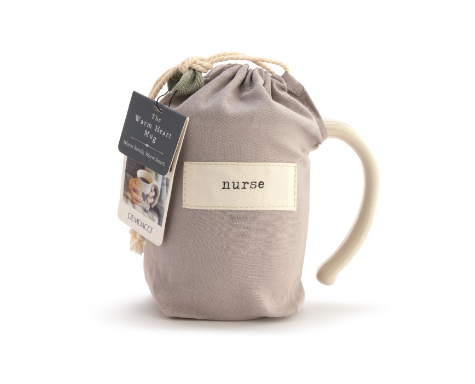 Pictured in pouch; Demdaco Nurse heart-shaped 16 oz stoneware mug with raised heart motif and “Nurse” sentiment; microwave/dishwasher safe—available at Be Charmed.