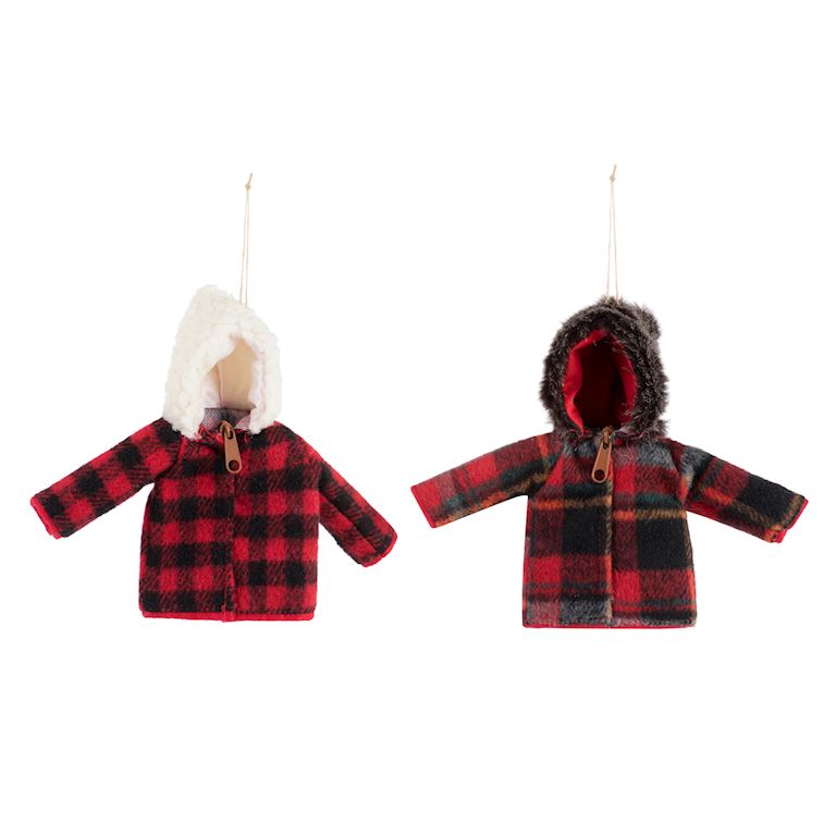Two red and black plaid jackets with fur hoods on a white background.  Available at Be Charmed