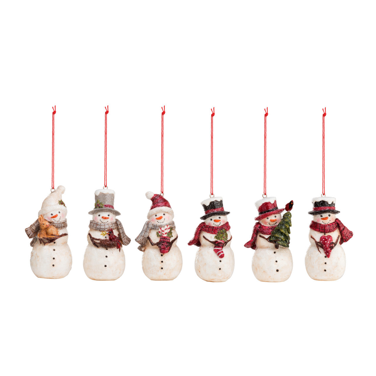 Six snowman ornaments with different hats and scarves on a white background. Available at Be Charmed