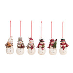 Six snowman ornaments with different hats and scarves on a white background. Available at Be Charmed