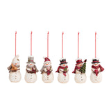 Six snowman ornaments with different hats and scarves on a white background. Available at Be Charmed