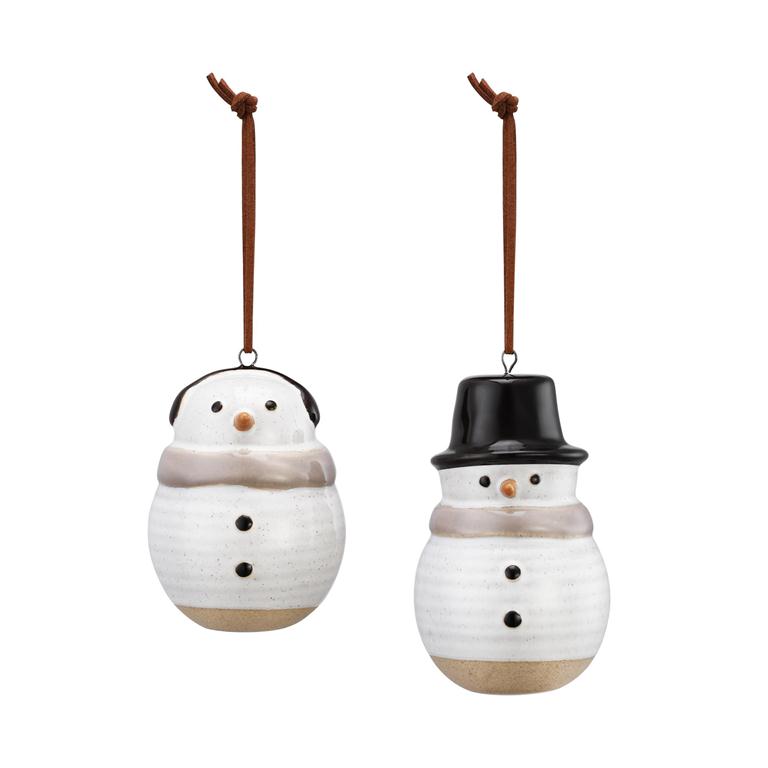 Demdaco Ceramic Snowmen Ornaments, handcrafted stoneware with minimalist design, set of 2—available at Be Charmed.