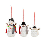 Three decorative snowman ornaments with scarves and hats on a white background. Available at Be Charmed