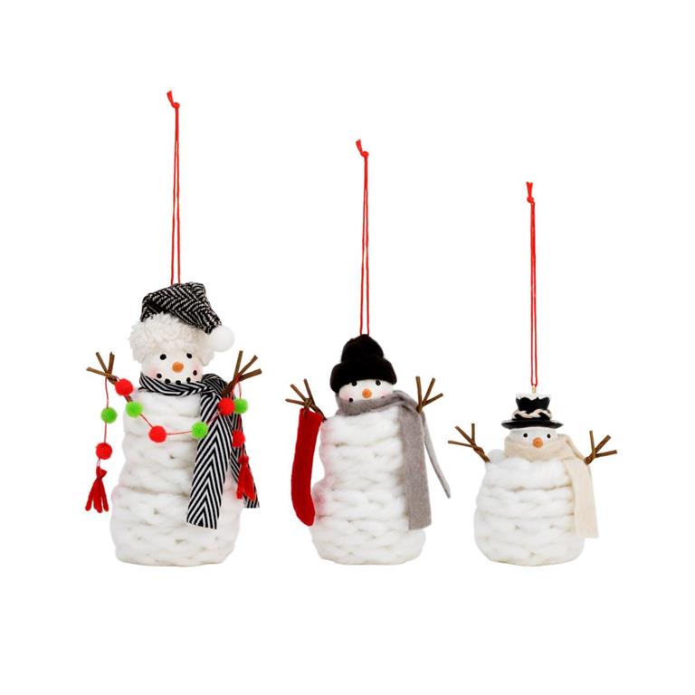 Three decorative snowman ornaments with scarves and hats on a white background. Available at Be Charmed
