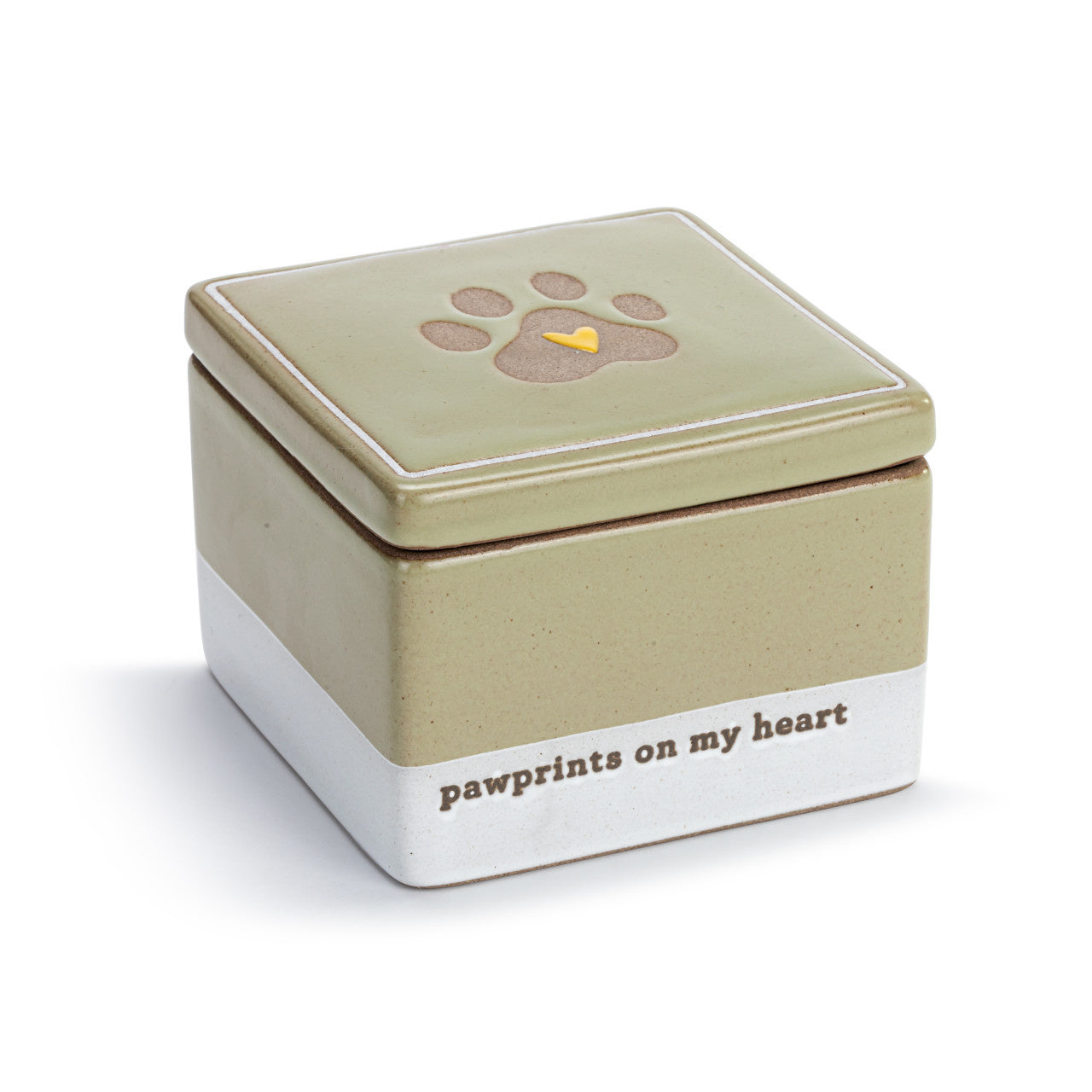 Demdaco Inspired Keepsake Box with paw-prints design and “Pawprints on my heart” sentiment, 4″×3″ stoneware box—available at Be Charmed.