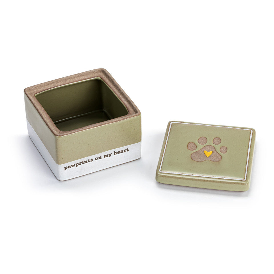 Opened Demdaco Inspired Keepsake Box with paw-prints design and “Pawprints on my heart” sentiment, 4″×3″ stoneware box—available at Be Charmed.