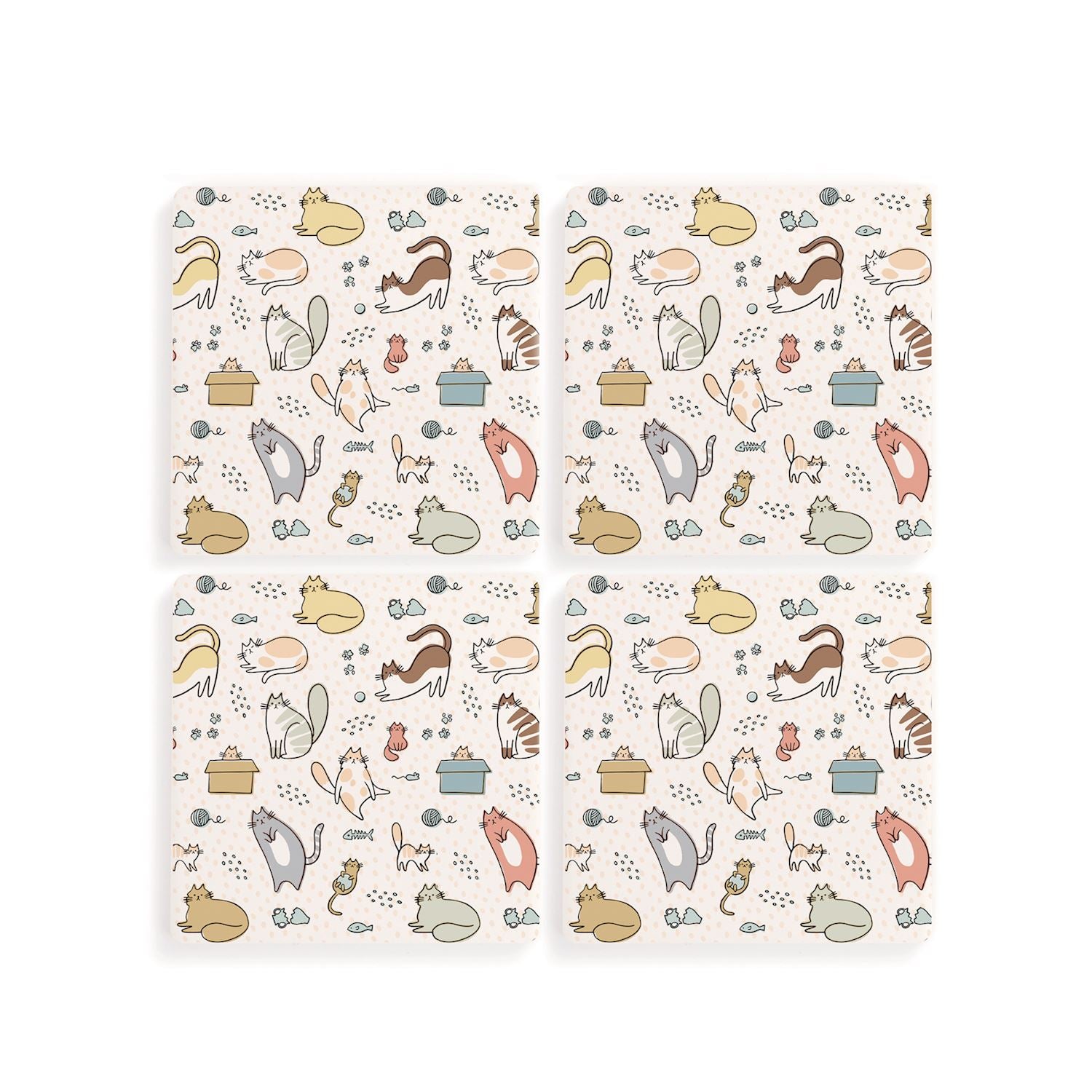 4 coasters with cat illustrations on a white background. Available at Be Charmed