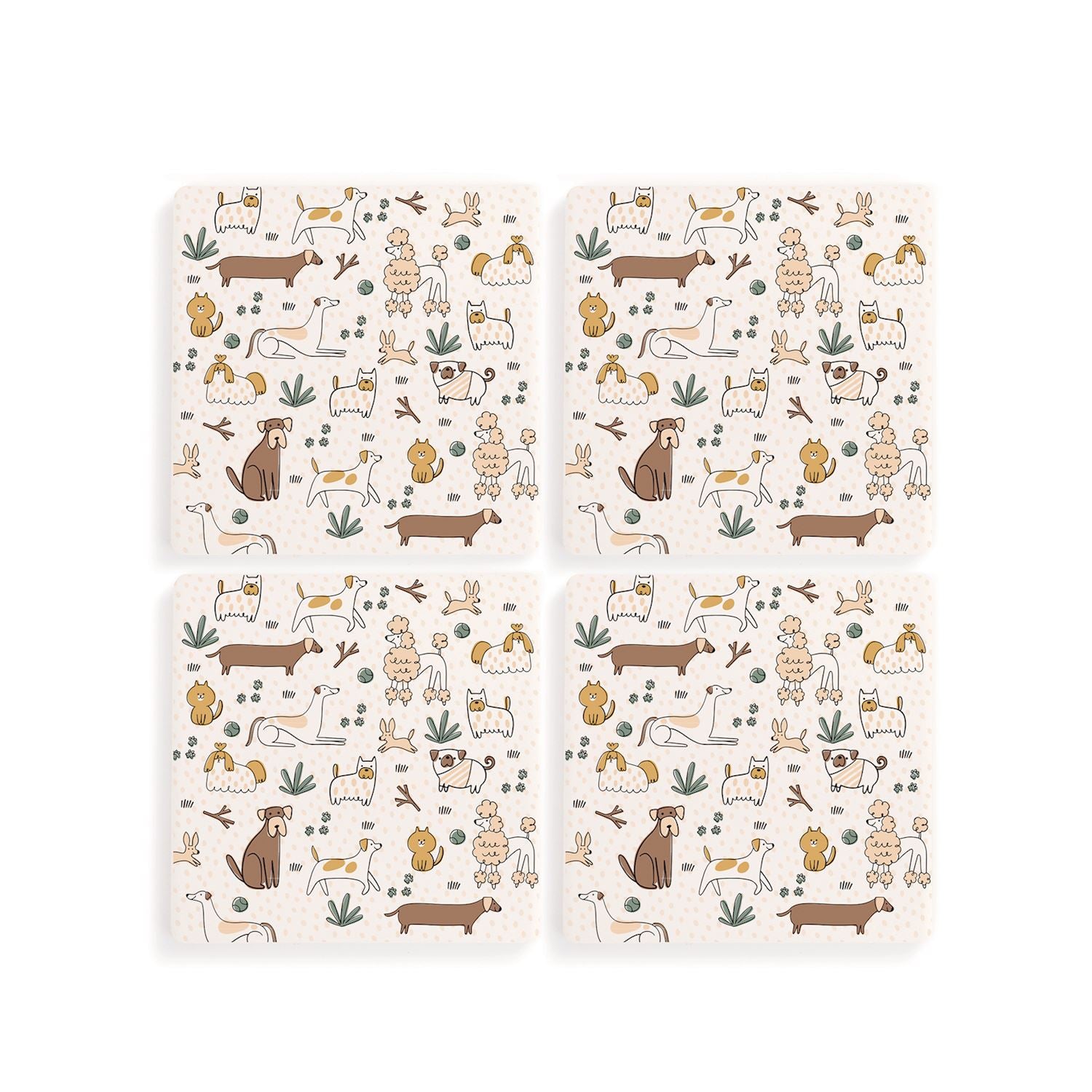 4 coasters with dog illustrations on a white background. Available at Be Charmed
