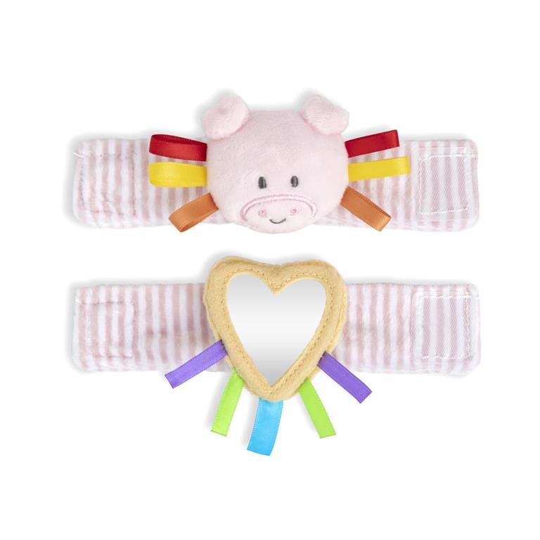 Demdaco Pig Wrist Rattle, 6″ polyester baby toy with soft textures, bright colors, comforting rattle, adjustable hook-and-loop strap—available at Be Charmed.