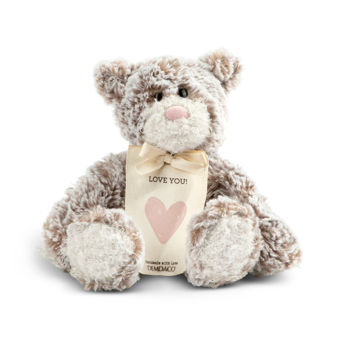 Demdaco Mini Giving Bear Pink Heart, 8.5″ plush in soft brown with pink heart and “Love you!” tag—Available at Be Charmed.