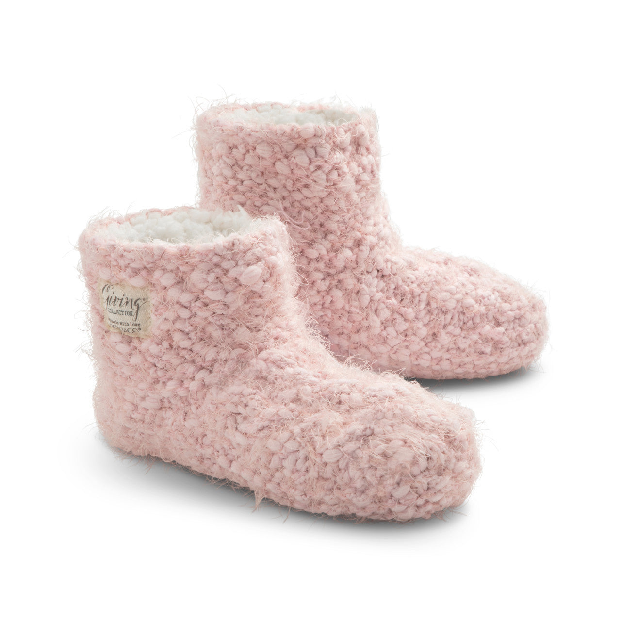 Pink Demdaco Giving Collection slipper booties, plush chenille in pink, grey & charcoal color options, sizes S–L, soft lining—available at Be Charmed.