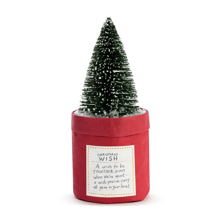Demdaco Plant Kindness Christmas Wish 7″ mini decorative tree in red planter with holiday sentiment tag—Available at Be Charmed.