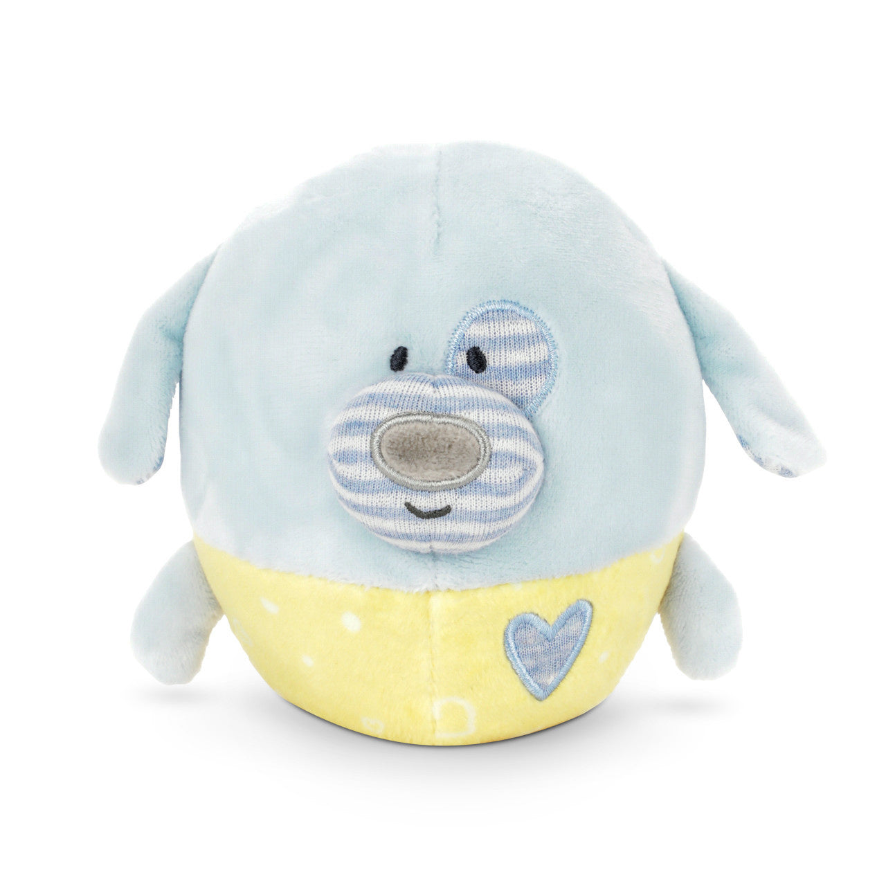 Demdaco Wobble One Puppy plush (5.5″ × 5″) with weighted bell inside, soft blue polyester and plastic base—available at Be Charmed.