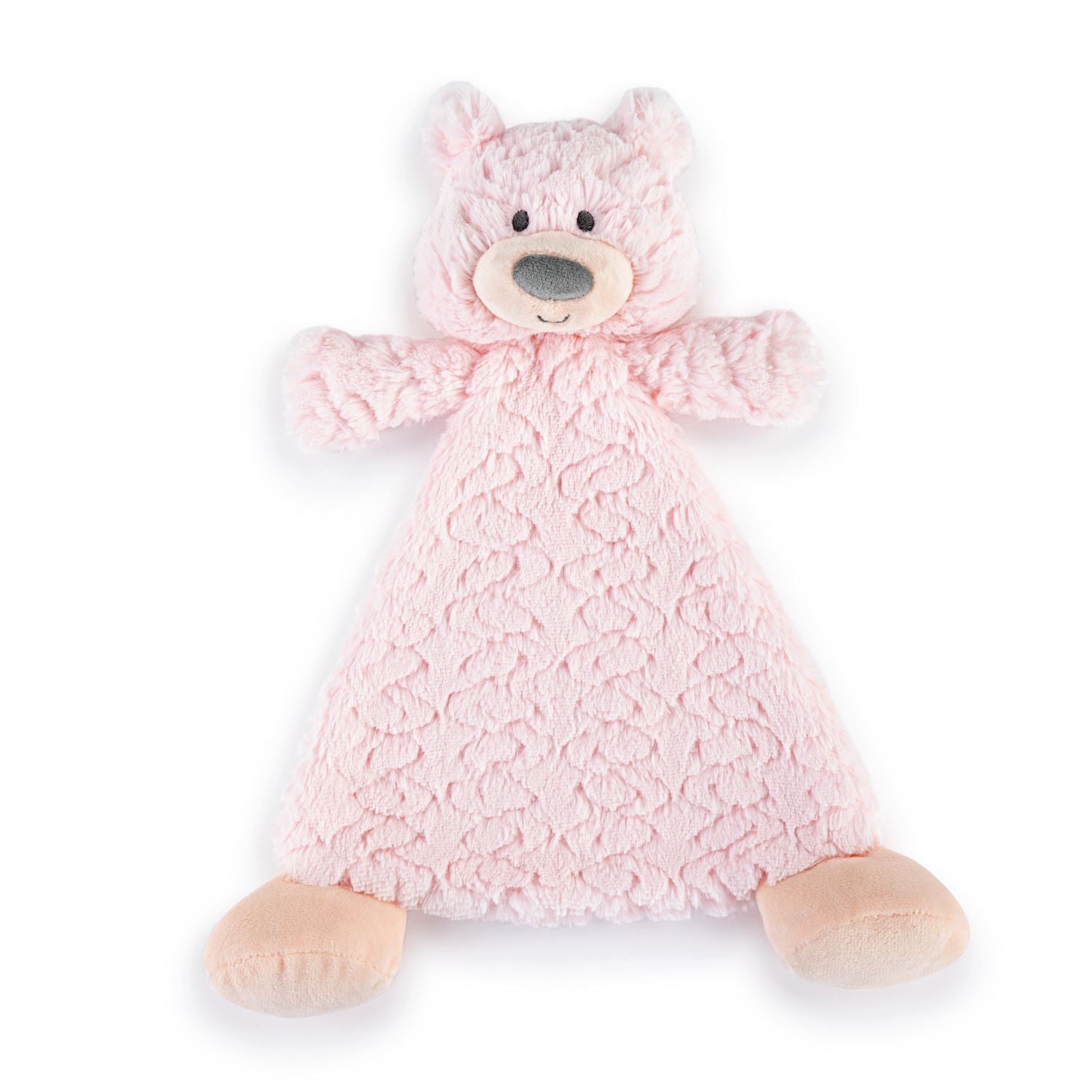 Pink teddy bear plush rattle toy on a white background. Available at Be Charmed