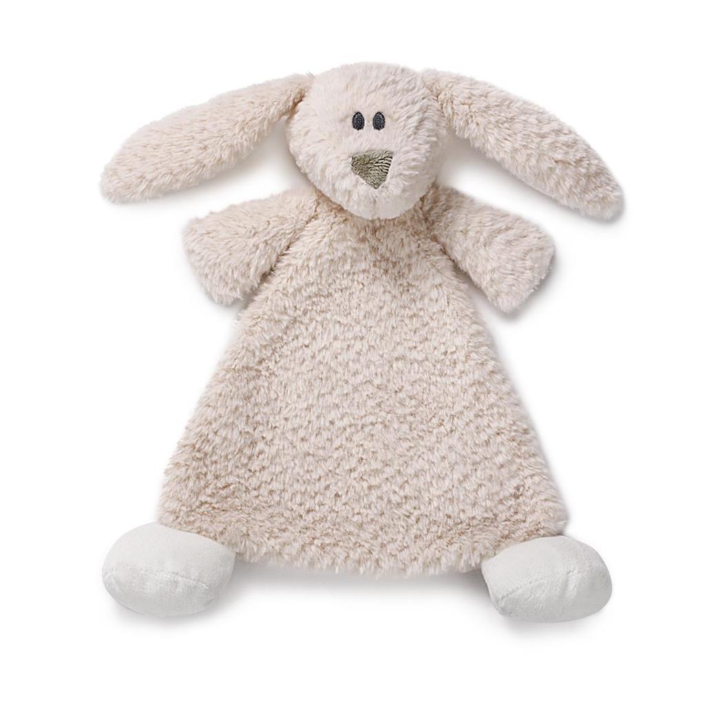 Plush bunny rattel toy with a soft texture on a white background. Available at Be Charmed