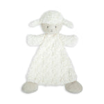 White plush lamb rattle toy on a white background. Available at Be Charmed