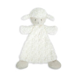 White plush lamb rattle toy on a white background. Available at Be Charmed