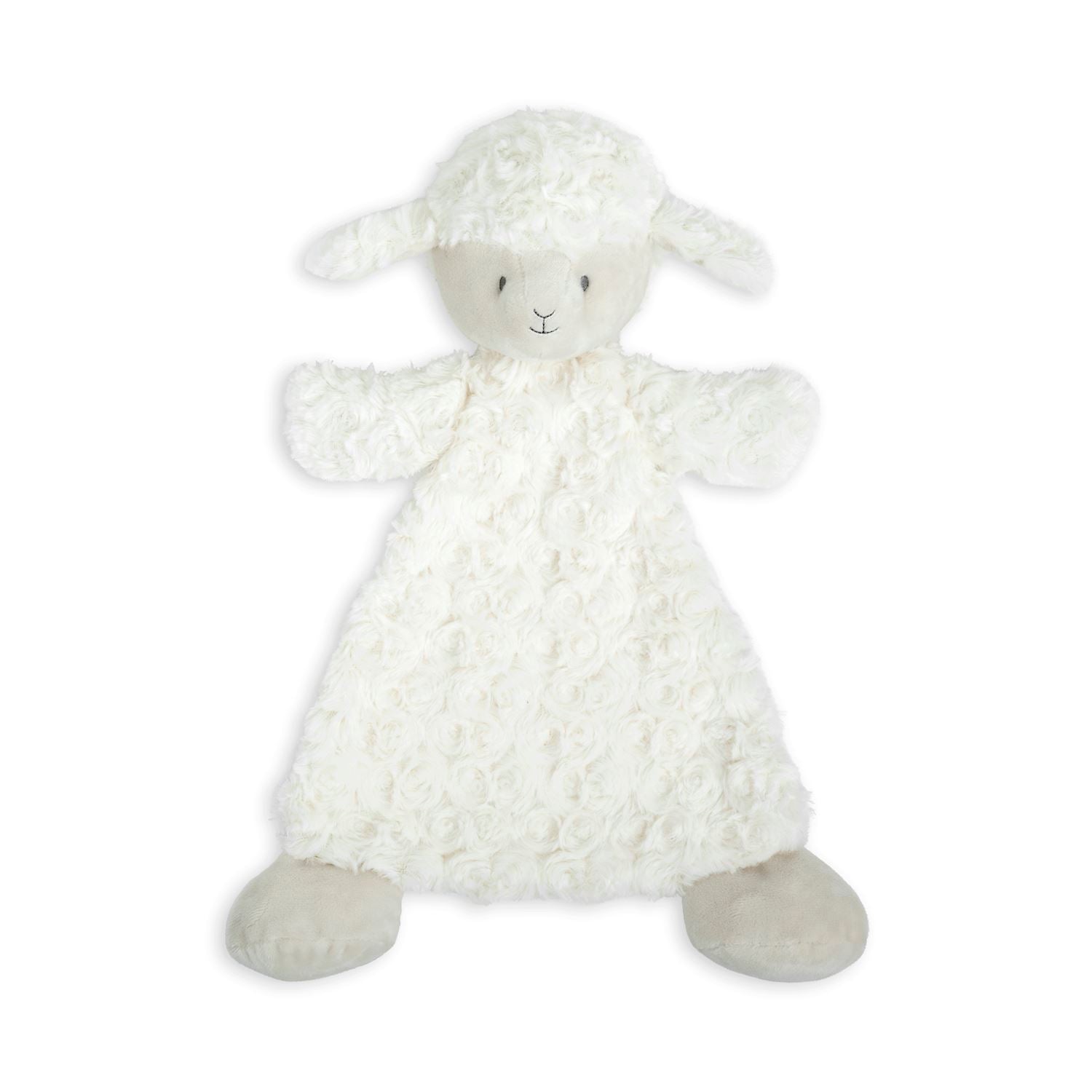 White plush lamb rattle toy on a white background. Available at Be Charmed