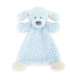 Blue plush dog toy on a white background. Aailable at Be Charmed