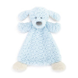 Blue plush dog toy on a white background. Aailable at Be Charmed