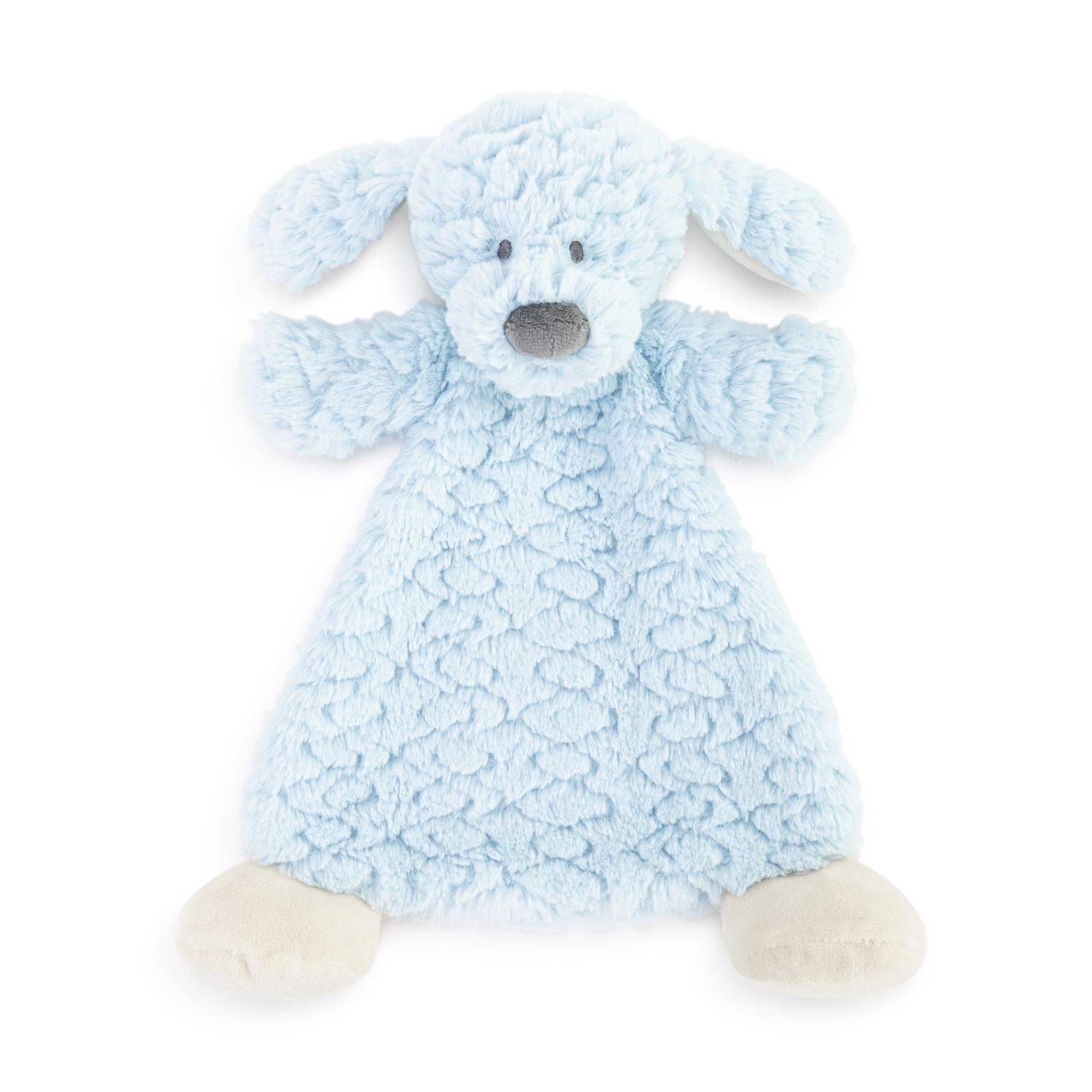 Blue plush dog rattle toy on a white background. Available at Be Charmed