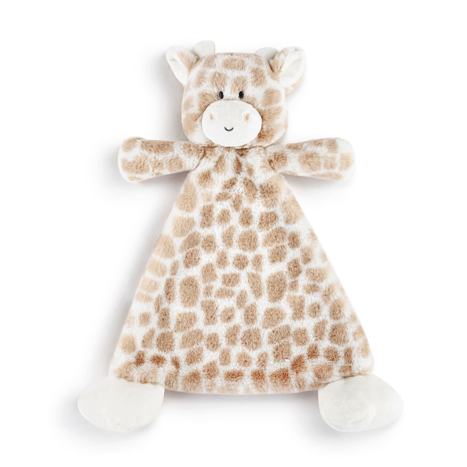 Plush rattle toy with a giraffe pattern on a white background. Available at Be Charmed