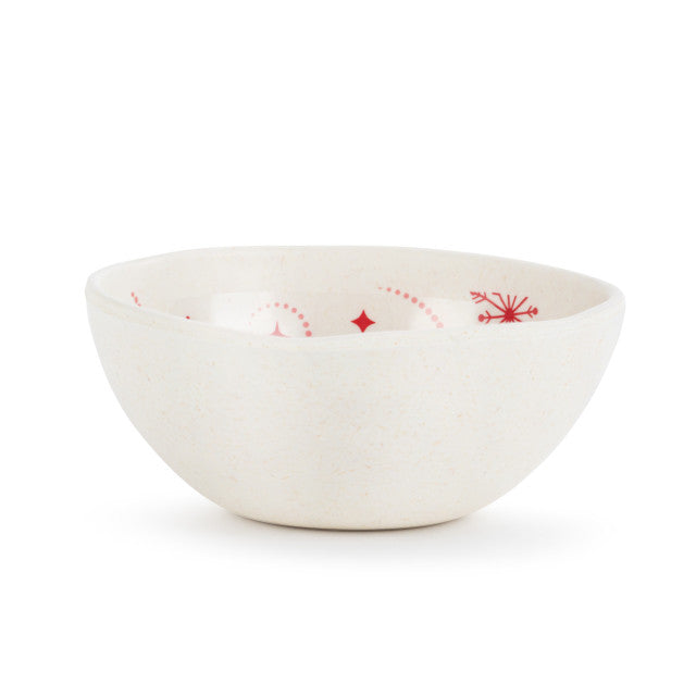 Side view of Demdaco Red Snowfall Melamine Dip Bowl, 4.5″ diameter, festive holiday design—perfect for entertaining. Available at Be Charmed.